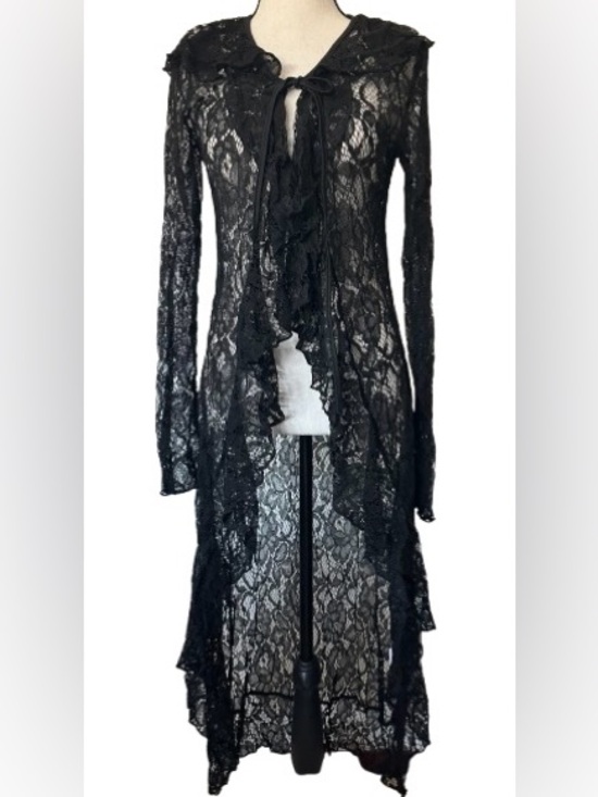 Source Unknown Tops - Black Lace Maxi Cardigan Duster Ruffle Tie Front Gothic Fairycore Dress Cover Up